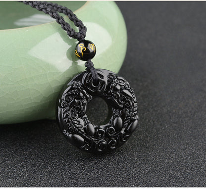 Obsidian Fortune Strength Pixiu Pendant Necklace Crystal