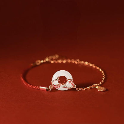 Fengshui 925 Sterling Silver Koi Fish Hetian Jade Peace Buckle Positive Red String Bracelet