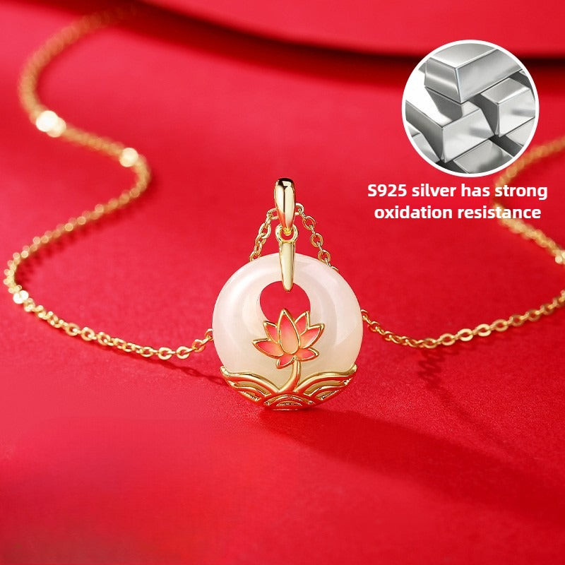 Zen Healing 925 Silver Hetian Jade Lotus Harmony Pendant Necklace