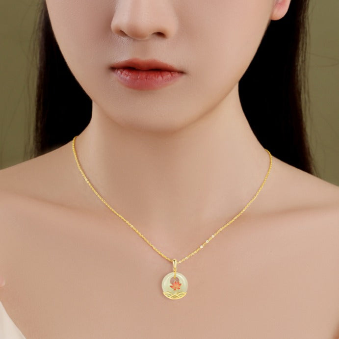 Zen Healing 925 Silver Hetian Jade Lotus Harmony Pendant Necklace