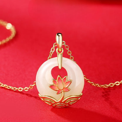 Zen Healing 925 Silver Hetian Jade Lotus Harmony Pendant Necklace