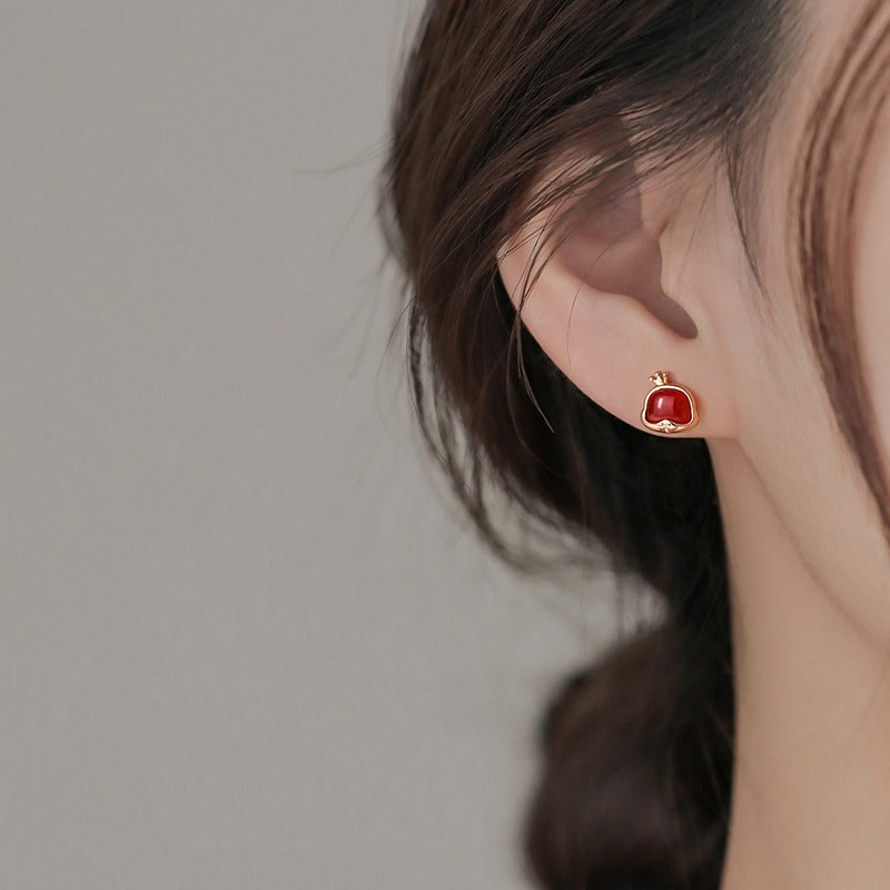999 Sterling Silver Red Agate Year Of The Snake Spirit Snake Prosperity Luck Earrings