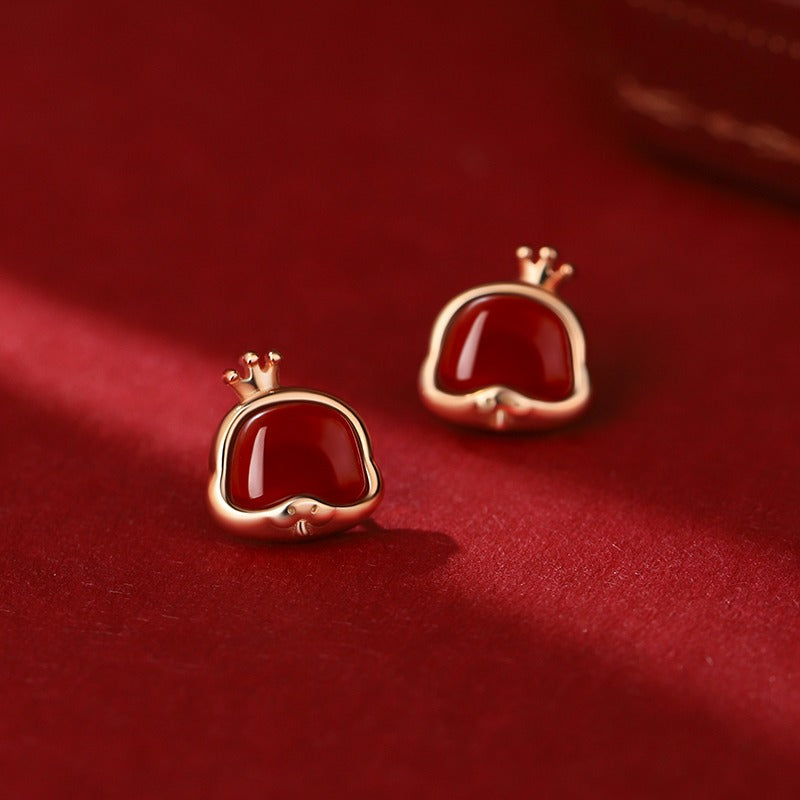 999 Sterling Silver Red Agate Year Of The Snake Spirit Snake Prosperity Luck Earrings