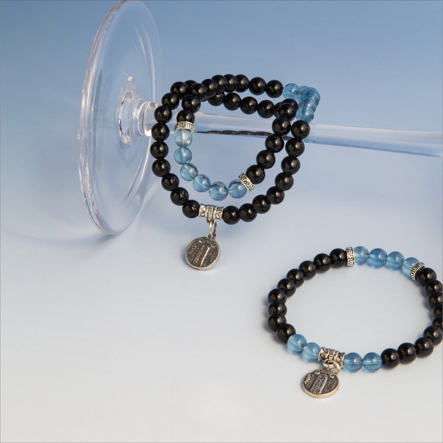 Aquamarine Black Obsidian Crystal Five Paths God of Wealth Bracelet - Fortune and Prosperity Amulet