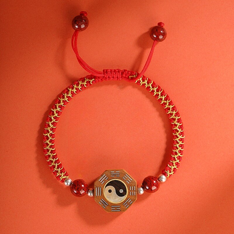 Zen Healing Yin Yang Bagua Jujube Wood Cinnabar Protective Braided Bracelet