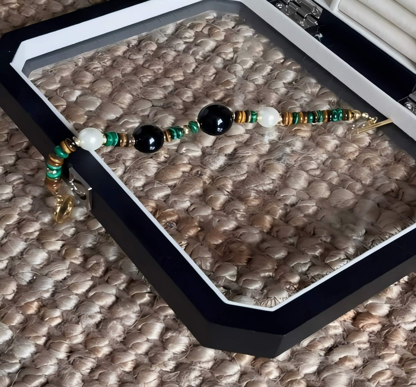 Black Agate Malachite Pearls Good Luck Vintage Bracelet-Success•Peace•Protection