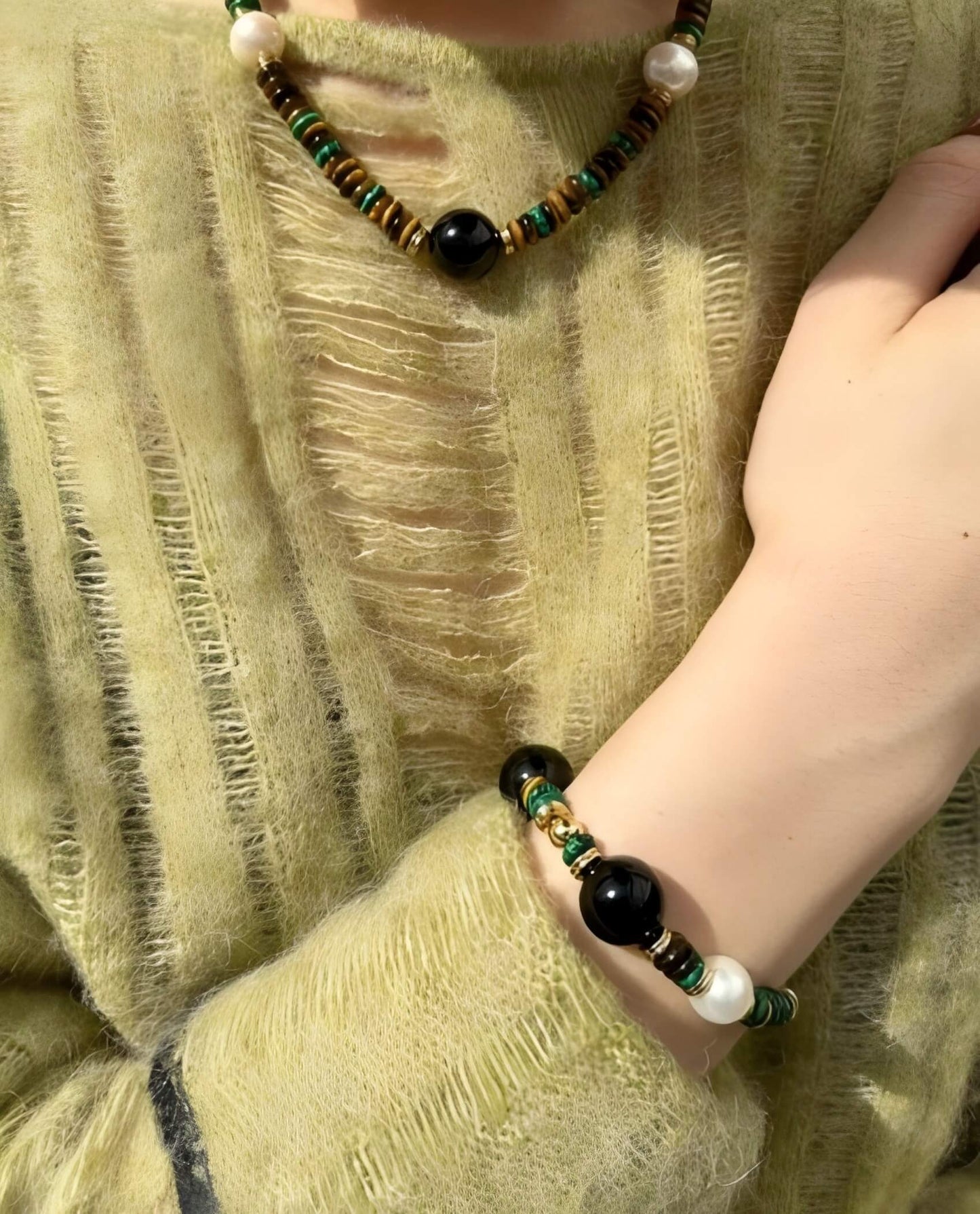 Black Agate Malachite Pearls Good Luck Vintage Bracelet-Success•Peace•Protection