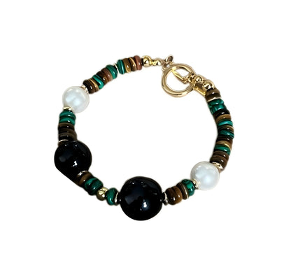 Black Agate Malachite Pearls Good Luck Vintage Bracelet-Success•Peace•Protection