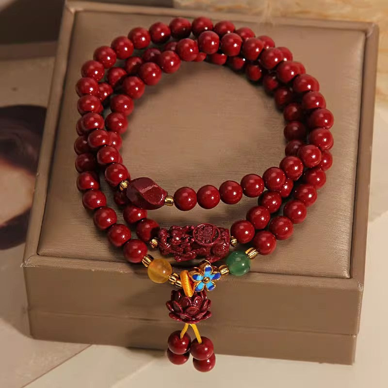 Cinnabar Pixiu Lotus Wealth Blessings Bracelet