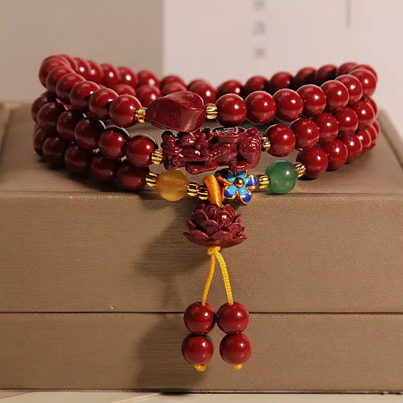 Cinnabar Pixiu Lotus Wealth Blessings Bracelet