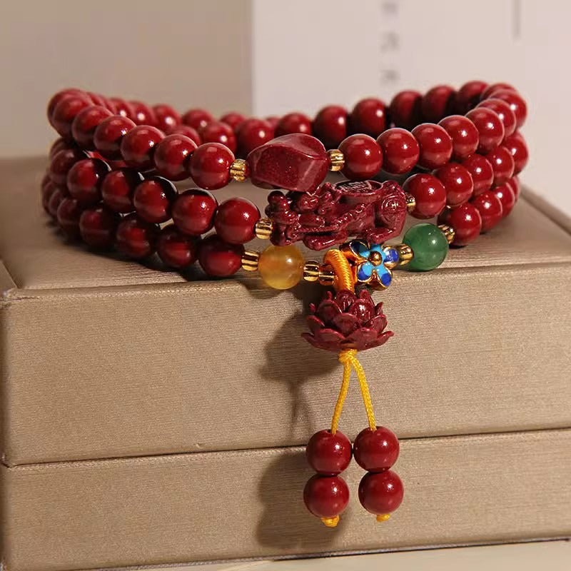 Cinnabar Pixiu Lotus Wealth Blessings Bracelet