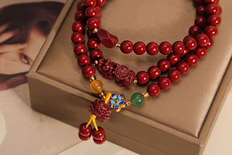 Cinnabar Pixiu Lotus Wealth Blessings Bracelet