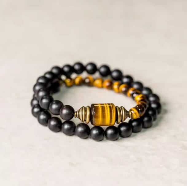 Ebony Wood Tiger's Eye Courage Double Loop Bracelet-Faith•Courage•Boldness•Success