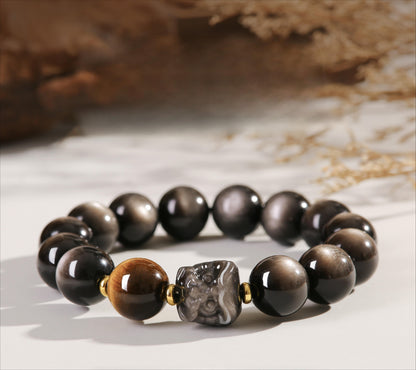 FengShui Lion Silver Sheen Obsidian Wealth Bracelet