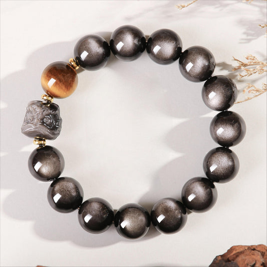 FengShui Lion Silver Sheen Obsidian Wealth Bracelet