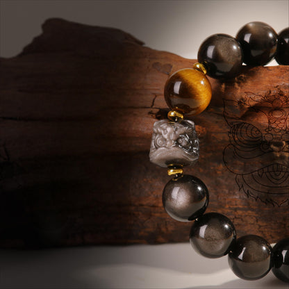 FengShui Lion Silver Sheen Obsidian Wealth Bracelet