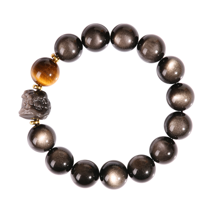 FengShui Lion Silver Sheen Obsidian Wealth Bracelet