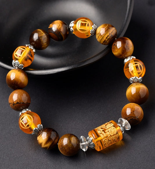 God of Wealth Tiger Eye Stone  Auspicious Heart Sutra Bracelet