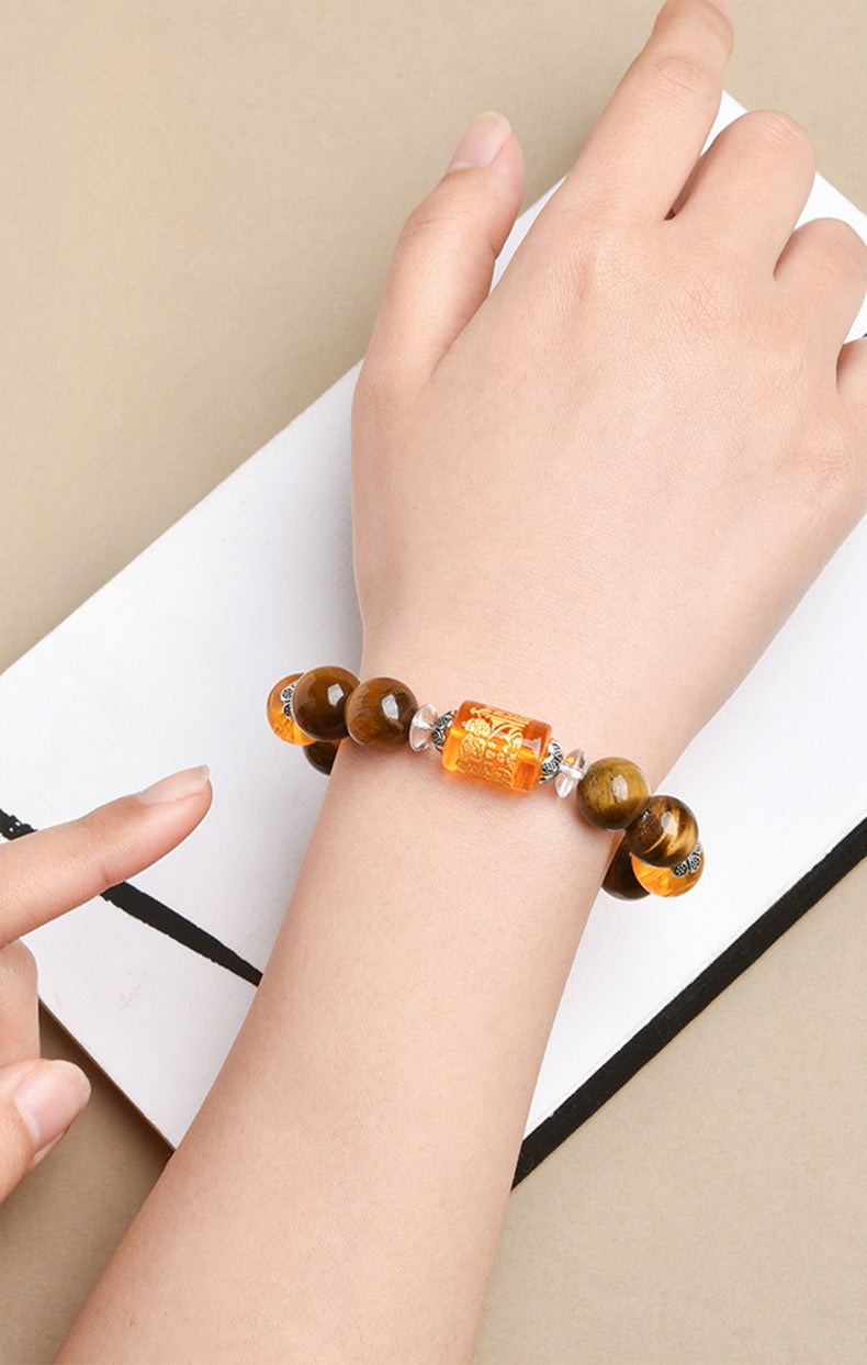 God of Wealth Tiger Eye Stone  Auspicious Heart Sutra Bracelet