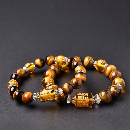 God of Wealth Tiger Eye Stone  Auspicious Heart Sutra Bracelet