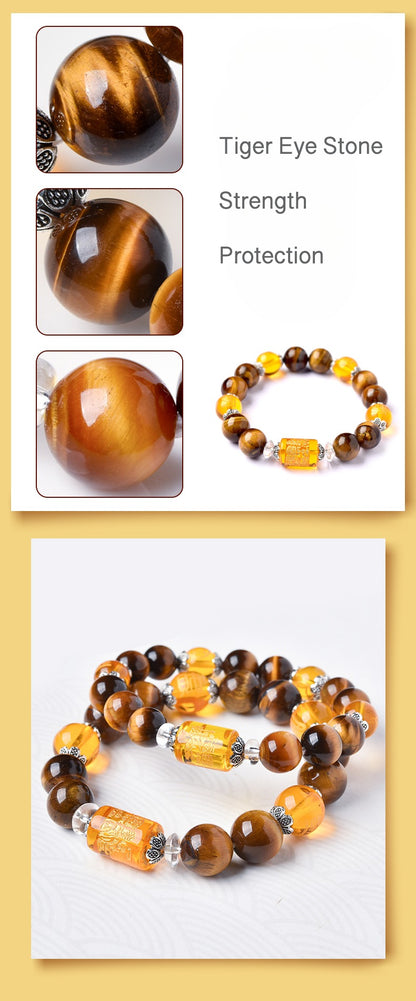 God of Wealth Tiger Eye Stone  Auspicious Heart Sutra Bracelet