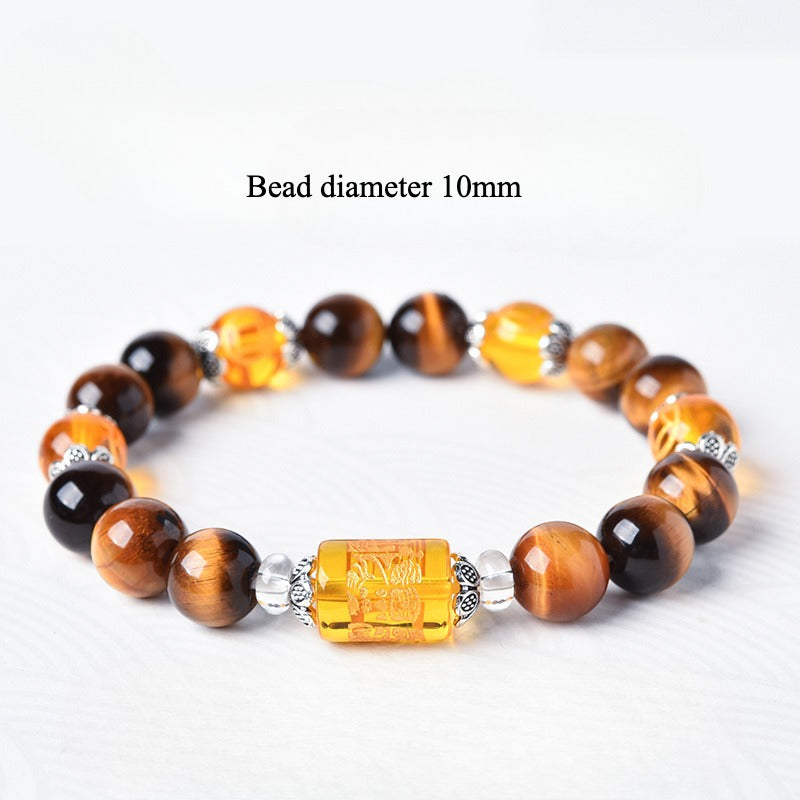 God of Wealth Tiger Eye Stone  Auspicious Heart Sutra Bracelet