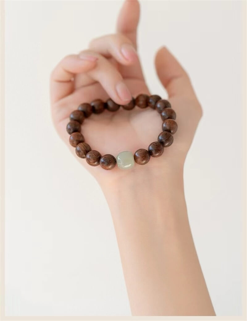 Golden-threaded Rosewood & Jade Buddhist Beads Bracelet - Auspicious Prosperity and Serenity