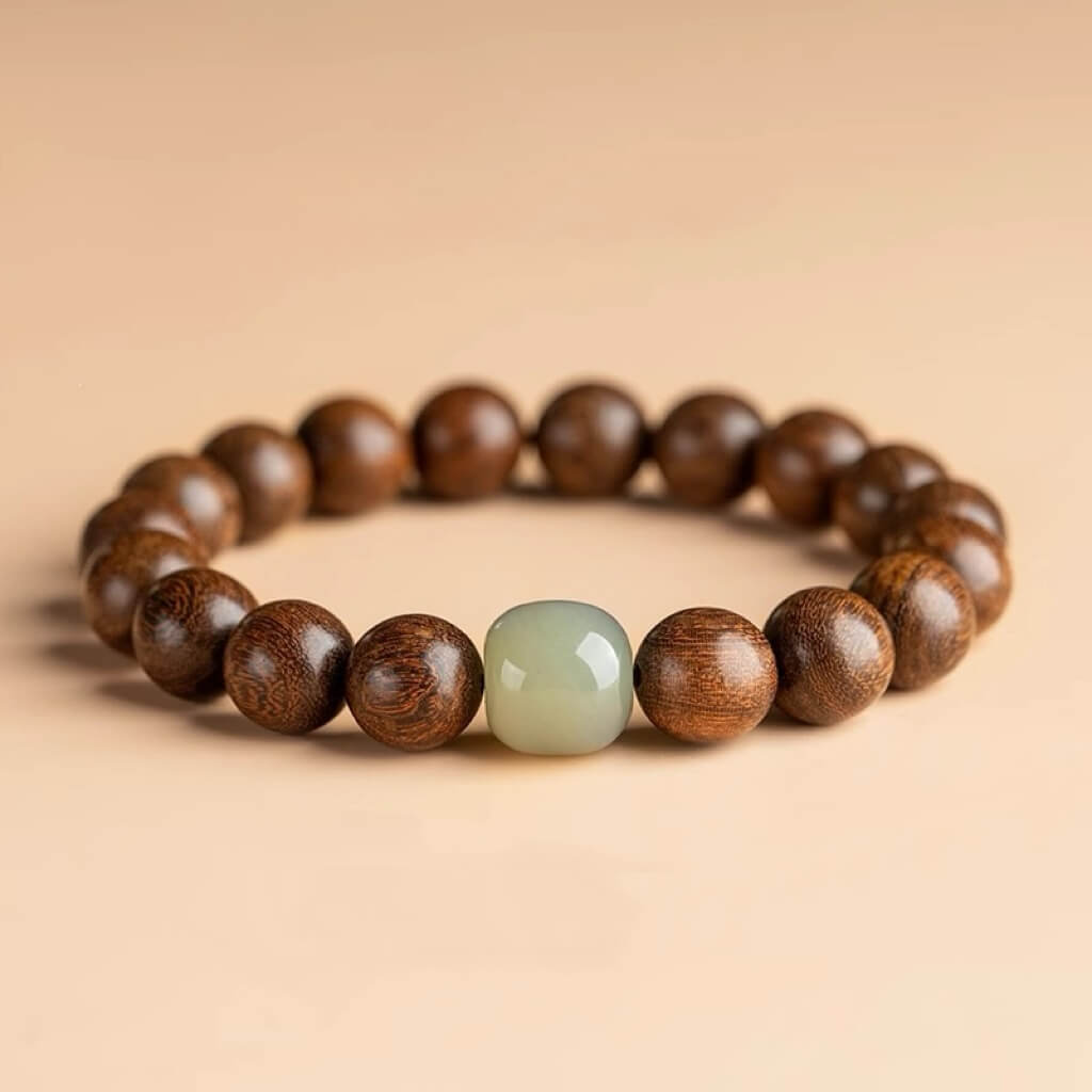 Golden-threaded Rosewood & Jade Buddhist Beads Bracelet - Auspicious Prosperity and Serenity