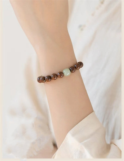 Golden-threaded Rosewood & Jade Buddhist Beads Bracelet - Auspicious Prosperity and Serenity