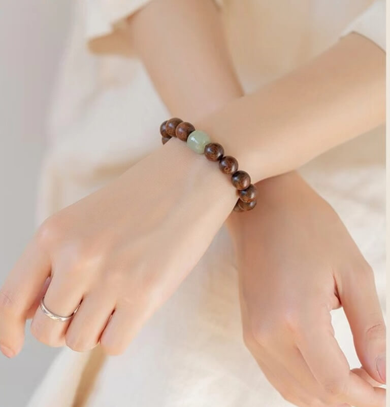 Golden-threaded Rosewood & Jade Buddhist Beads Bracelet - Auspicious Prosperity and Serenity