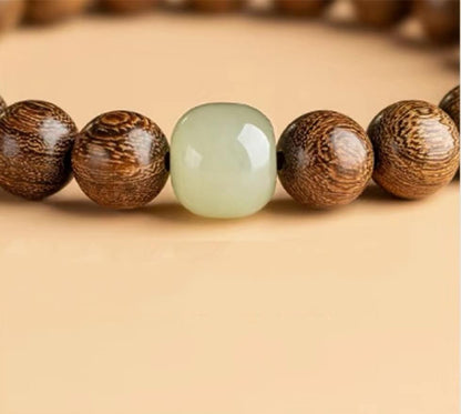 Golden-threaded Rosewood & Jade Buddhist Beads Bracelet - Auspicious Prosperity and Serenity