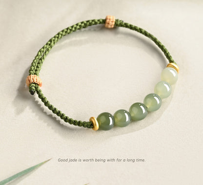 Zen Healing Hetian Jade Green Fortune Knot Braided String Couple Bracelet