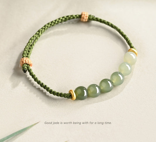 Zen Healing Hetian Jade Green Fortune Knot Braided String Couple Bracelet