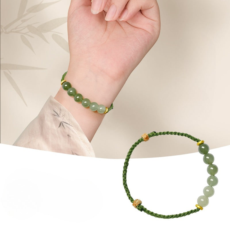 Zen Healing Hetian Jade Green Fortune Knot Braided String Couple Bracelet