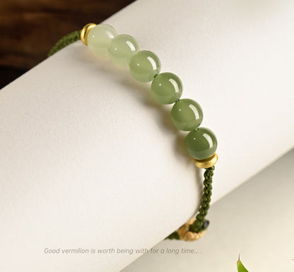 Zen Healing Hetian Jade Green Fortune Knot Braided String Couple Bracelet