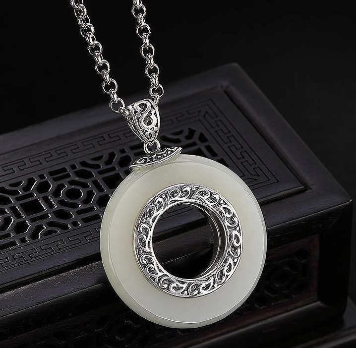 Hetian white jade Luck Protection necklace pendant