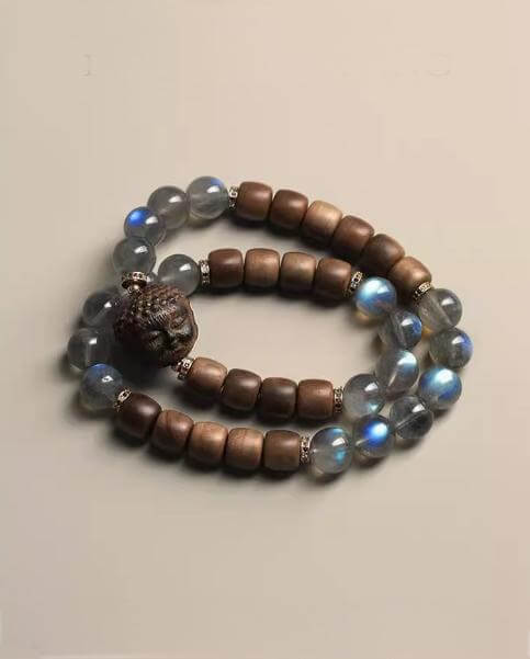 Indian Aged Sandalwood Gray Moonstone Luminous Double-Loop Bracelet-Lucky•Success•Love