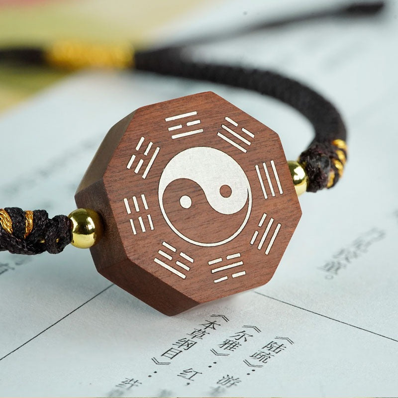 Jujube Wood  Silver Vajra Knot Yin Yang Bagua Protection Feng Shui Bracelet