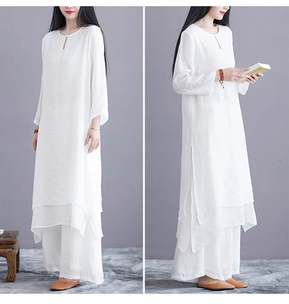 Midi Tunic Dress Wide Leg Pants Meditation Zen Practice Dance Clothing