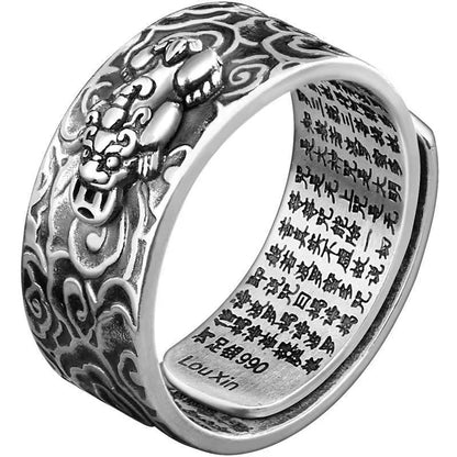 Sterling Silver Prayers Heart Sutra Lucky FengShui PiXiu Wealth Adjustable Ring