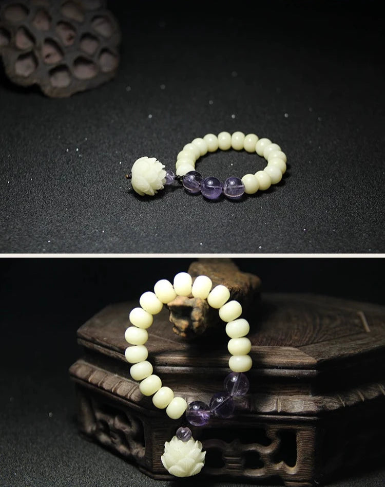 Natural white jade bodhi root lotus amethyst zen jewelry bracelet