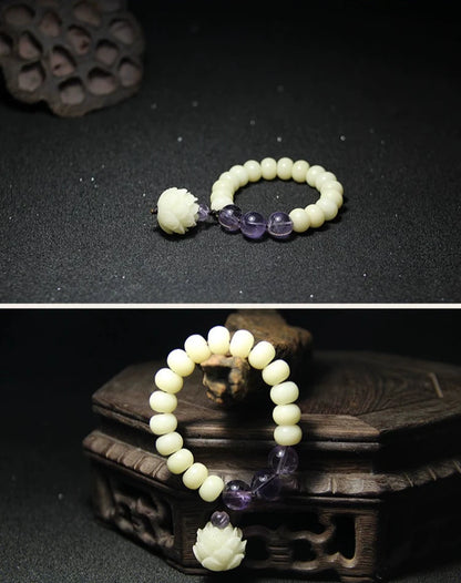 Natural white jade bodhi root lotus amethyst zen jewelry bracelet