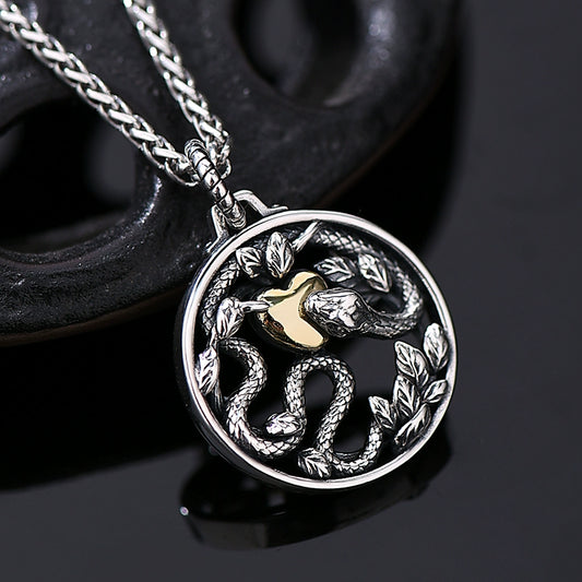 925 Sterling Silver Year Of The Snake Vintage Round Blessing Necklace Pendant