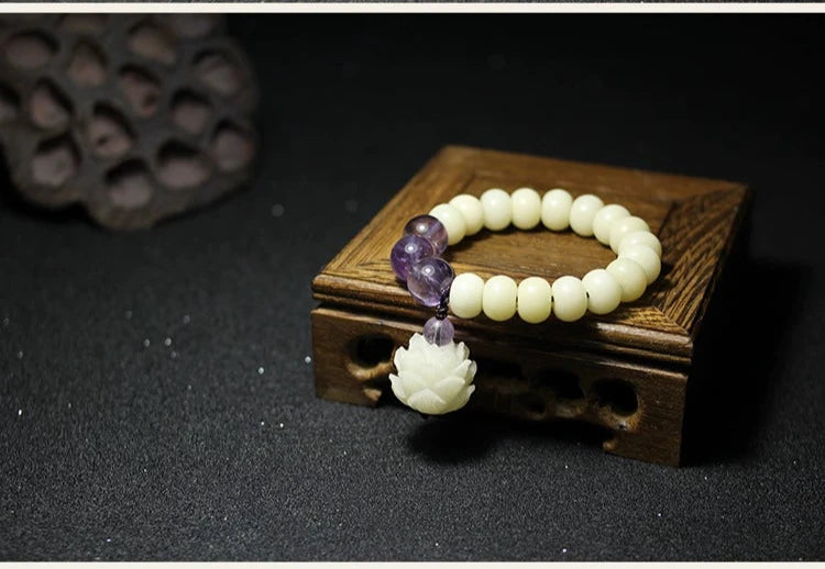 Natural white jade bodhi root lotus amethyst zen jewelry bracelet