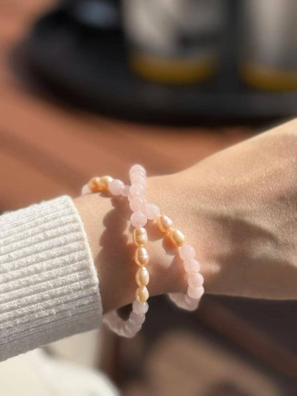 Rose Quartz Pink Crystal Pearl Delight Bracelet-Love•Tenderness