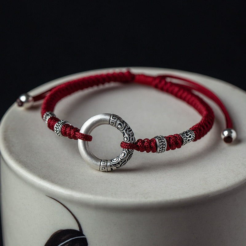 Silver auspicious cloud peace buckle zodiac year red string bracelet adjustable for men and women