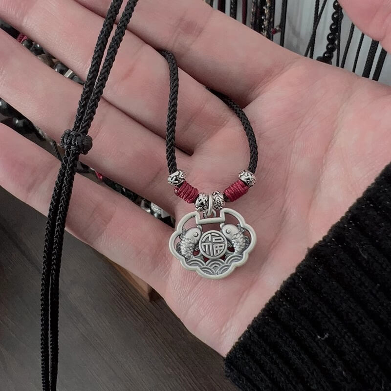 Sterling Silver Koi Fish Ruyi Lock Lucky Pendant Necklace