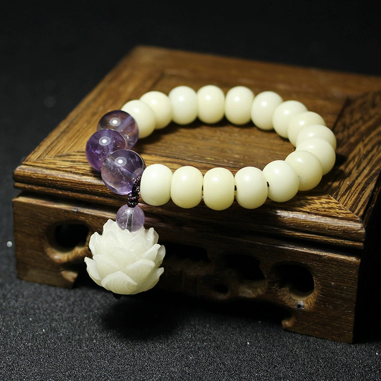 Natural white jade bodhi root lotus amethyst zen jewelry bracelet