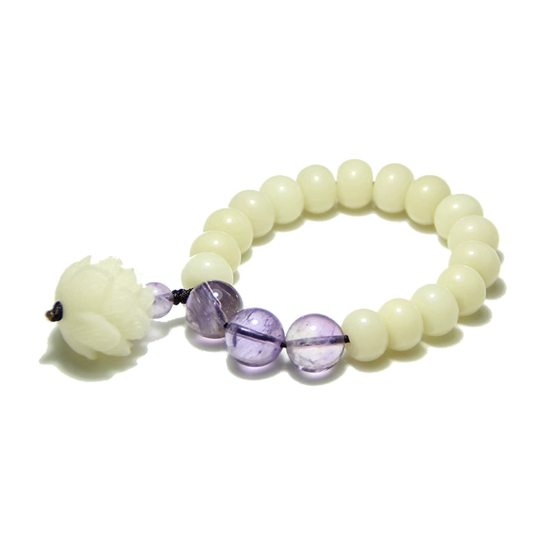 Natural white jade bodhi root lotus amethyst zen jewelry bracelet