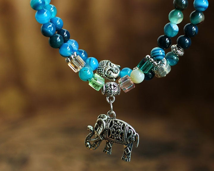 Tibet 108 Beads Silver Buddha Natural Agate Healing Bracelet